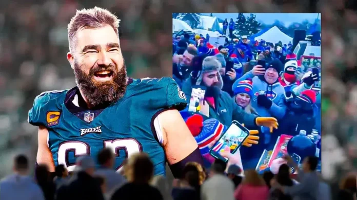 After the shirtless eagle star braved the elements and jumped the window....“You’re the best, Kelce!” a Bills fan yelled in the background. He added, “Kelce, come play for us!”