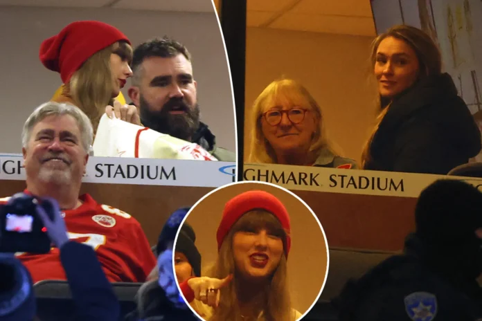 Indeed a Family reunion at Highmark stadium; Taylor Swift all smiles celebrating arm-in-arm with Kylie Kelce in Chiefs' VIP box at the Bills game... after boyfriend Travis scored two touchdowns in incredible win
