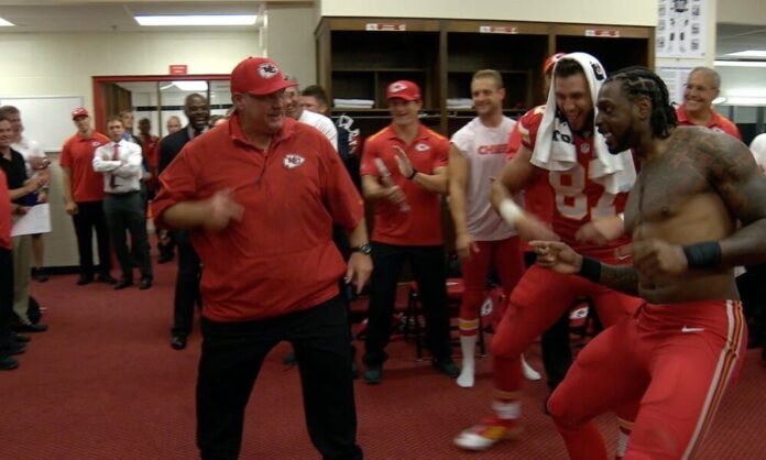 That Unforgettable day, Andy Ried and Travis kelce Danced to Micheal Jackson song with an Amazing move in the Chiefs Locker Room..