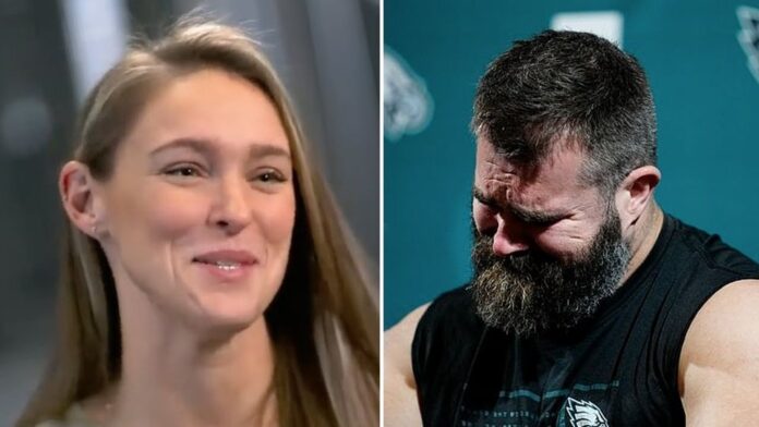 VIDEO of Crying Kylie Kelce Telling husband Jason to “Stop! You’re hurting me” during his Retirement Speech, sparks reactions....