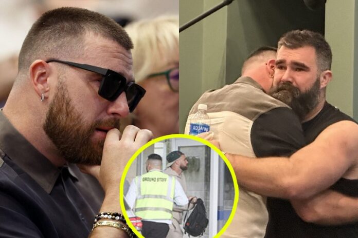 Travis Kelce SPOTTED at the Philadelphia Airport on the way to Singapore after brother Jason Kelce’s Emotional Retirement Announcement with Taylor Swift on his mind as he wears their bracelet